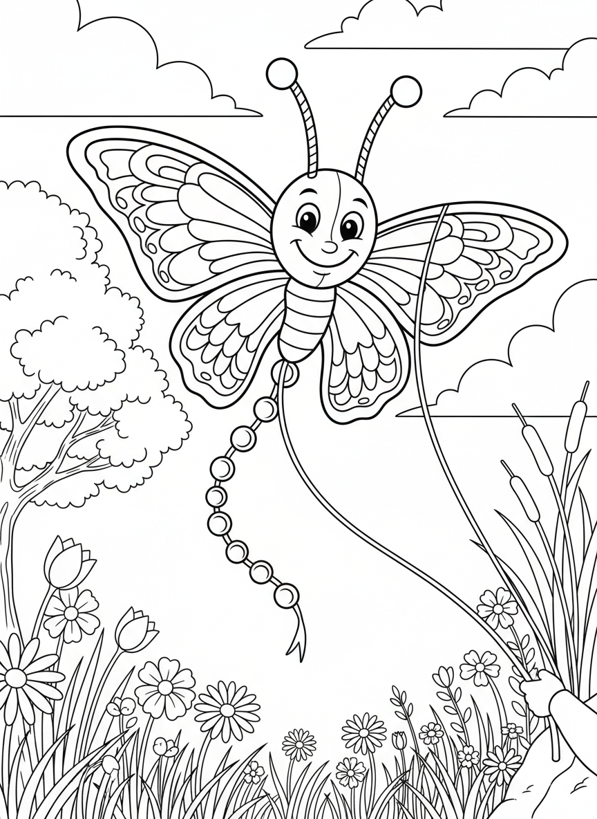 A delta kite shaped like a butterfly with detailed wing patterns, antennae, and a smiling face, flying above a meadow with flowers below.