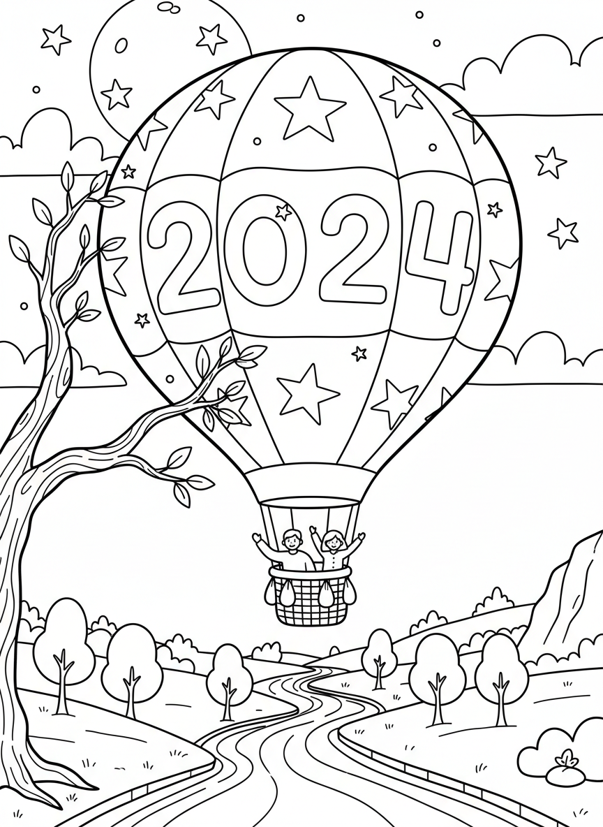 A hot air balloon decorated with stars and the new year numbers floating above a simple landscape