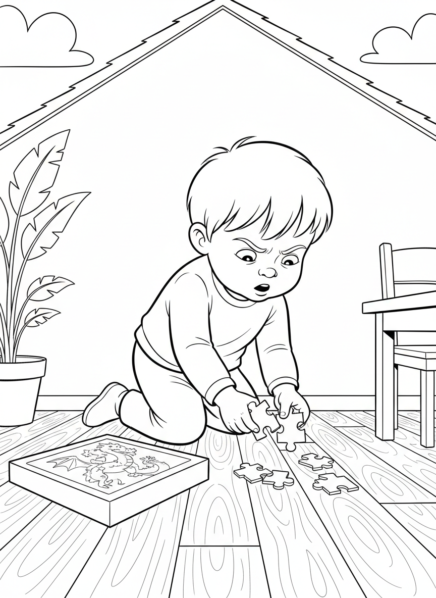 A young helper collecting scattered puzzle pieces from the floor, puzzle box open nearby, focused concentration