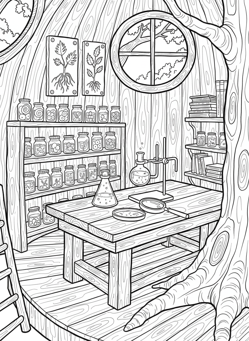 Treehouse science lab with shelves of jars, a magnifying glass, plant specimens, and a small experiment table.