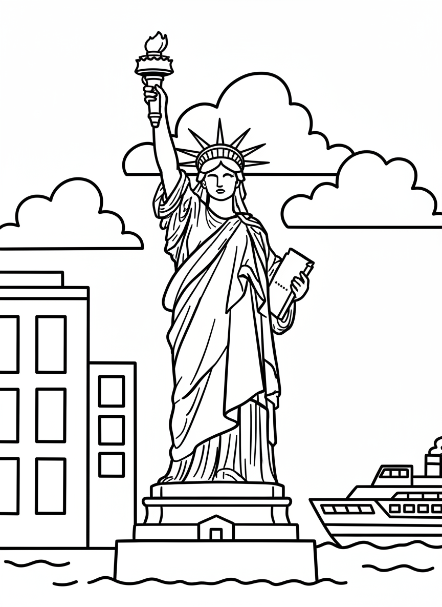 The Statue of Liberty standing tall with her torch raised high, simplified design with bold outlines suitable for young children.
