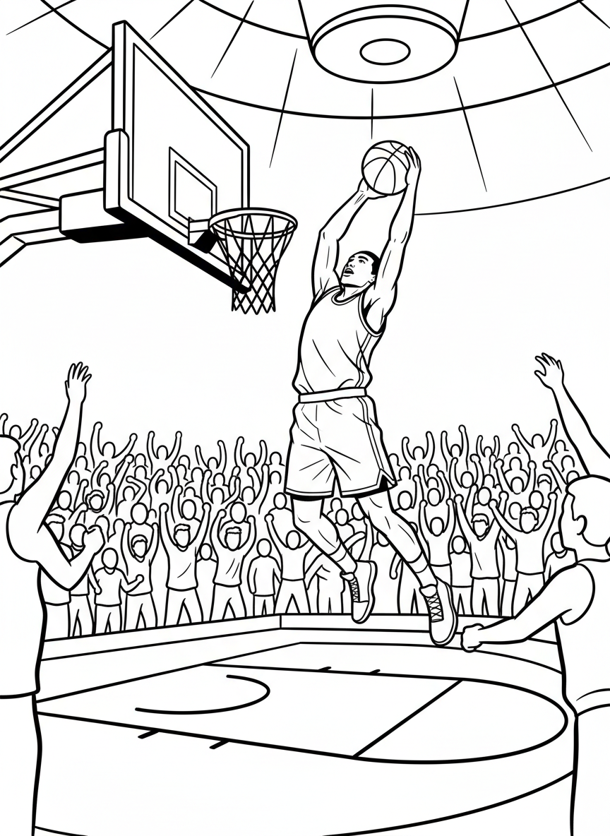 A basketball player jumping high to dunk the ball through the hoop during an exciting championship game, with a cheering crowd in the background.