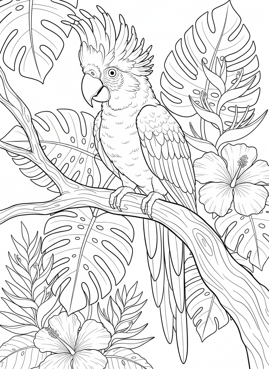 A colorful parrot perched on a tree branch with large tropical flowers and leaves around it.