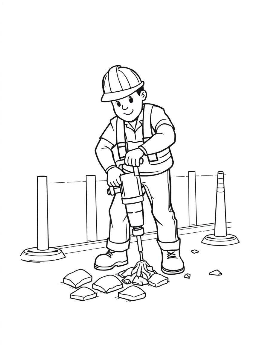 A construction worker operating a jackhammer, breaking up the pavement, with safety barriers and flashing lights