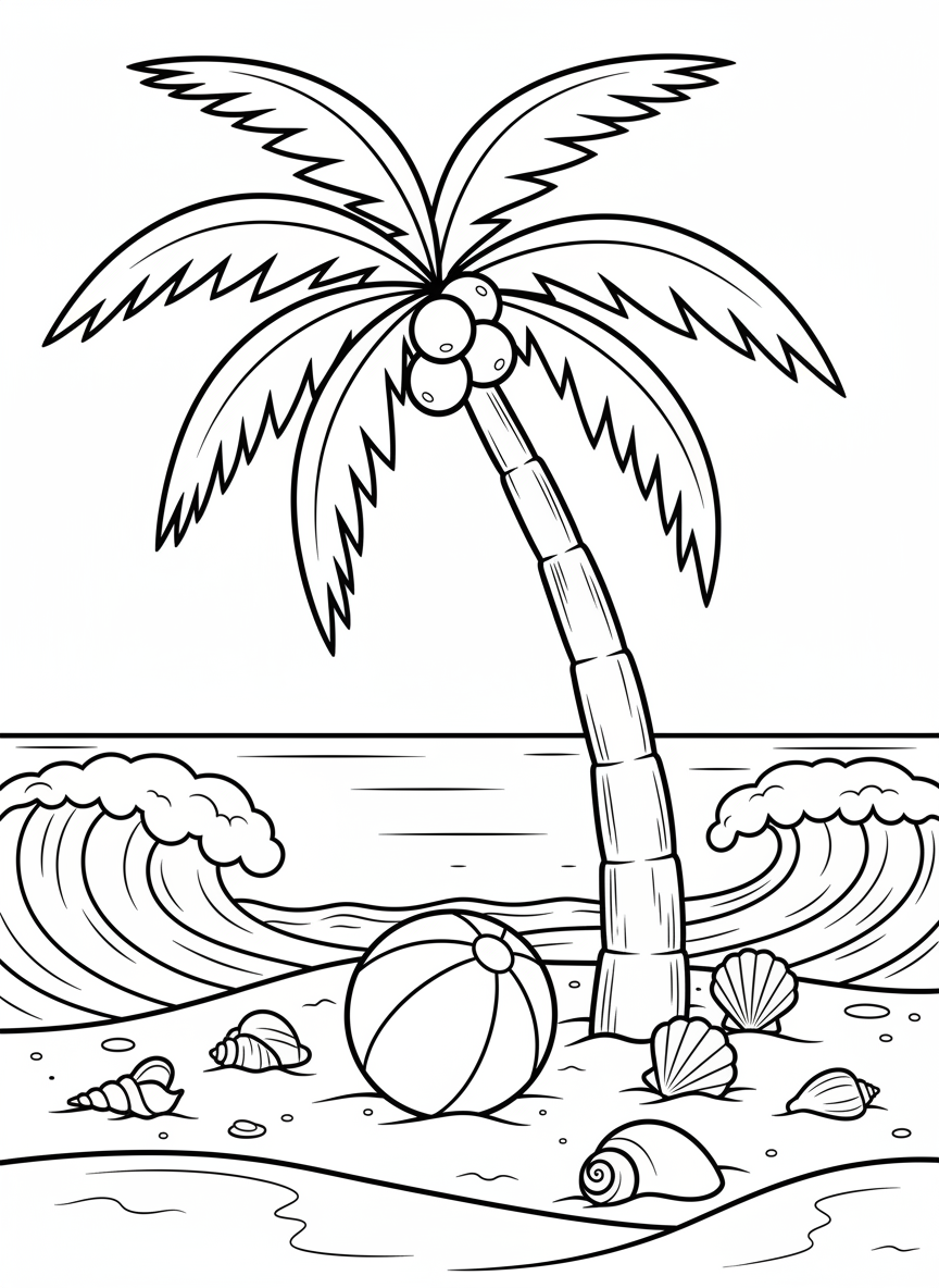 A tall palm tree on a sandy beach with coconuts, a beach ball, and seashells scattered around, waves gently rolling in the background.