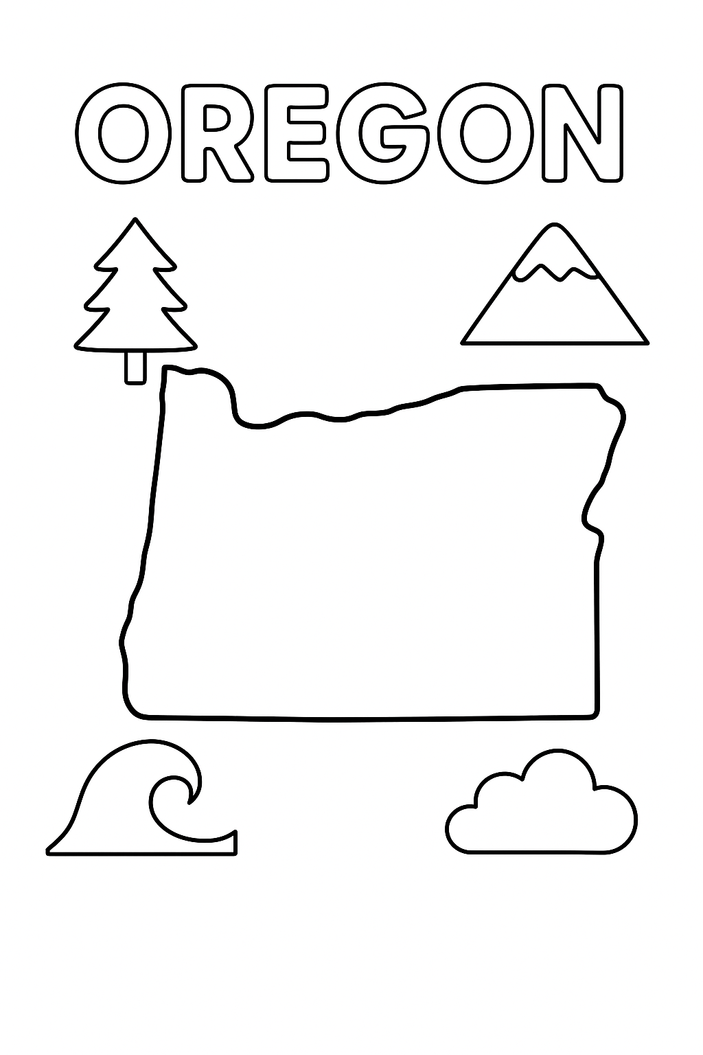 Write “Oregon” once at the top in outlined letters. Create a large, bold outline of the state. Add one tree, one wave, one mountain, and one cloud icon in corners.