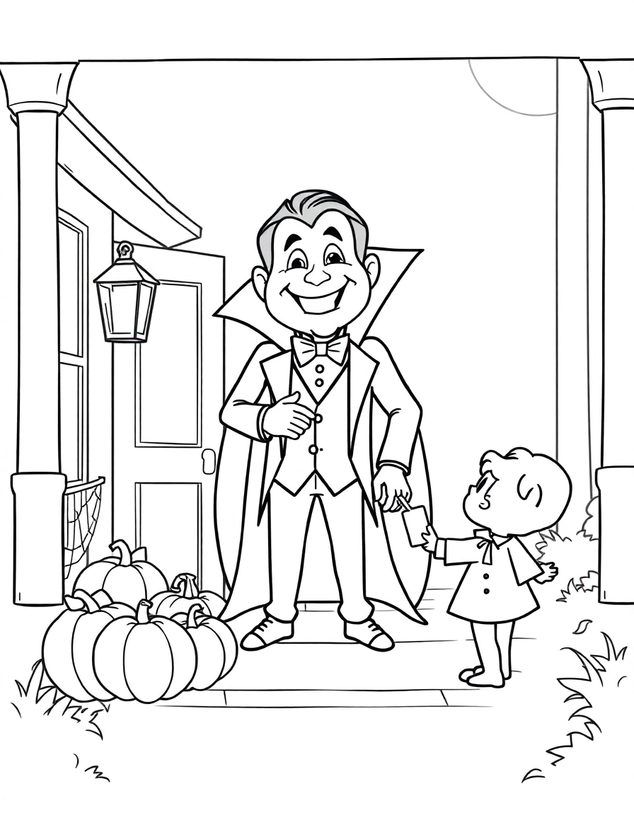 A smiling vampire in a tuxedo stands on a porch with cobwebs and pumpkins, handing candy to children. The full moon glows behind the house.