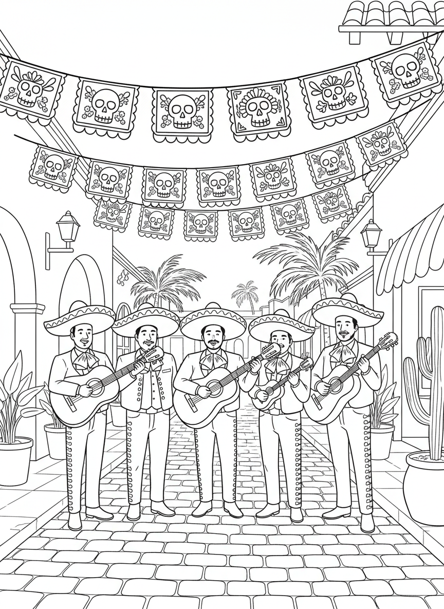 A mariachi band with guitars and trumpets performing in Olvera Street with decorative papel picado banners overhead