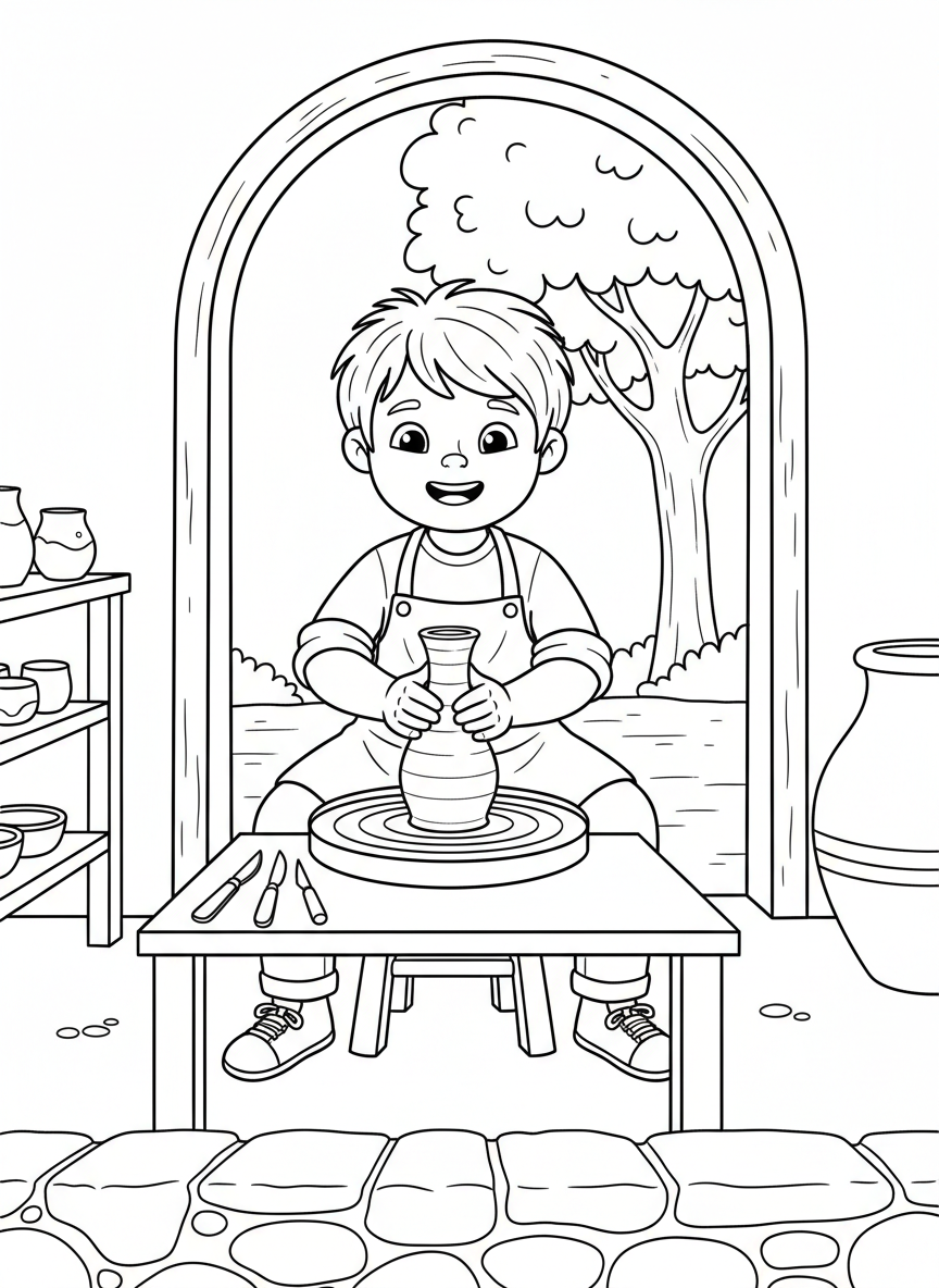 A smiling child sitting at a pottery wheel, shaping a tall clay vase with both hands, with simple tools on a nearby table.