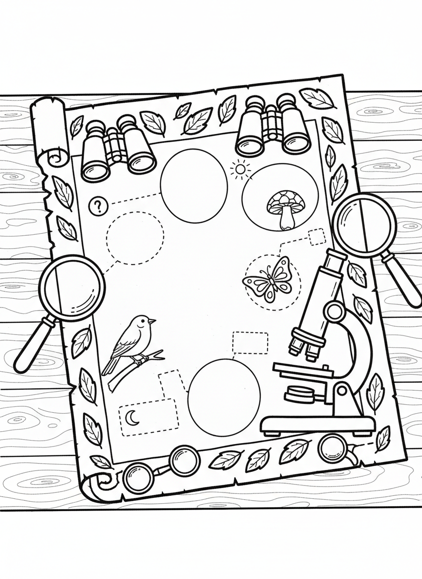 A nature journal page with binoculars and magnifying glass borders, central space for drawing discoveries, and observation prompts