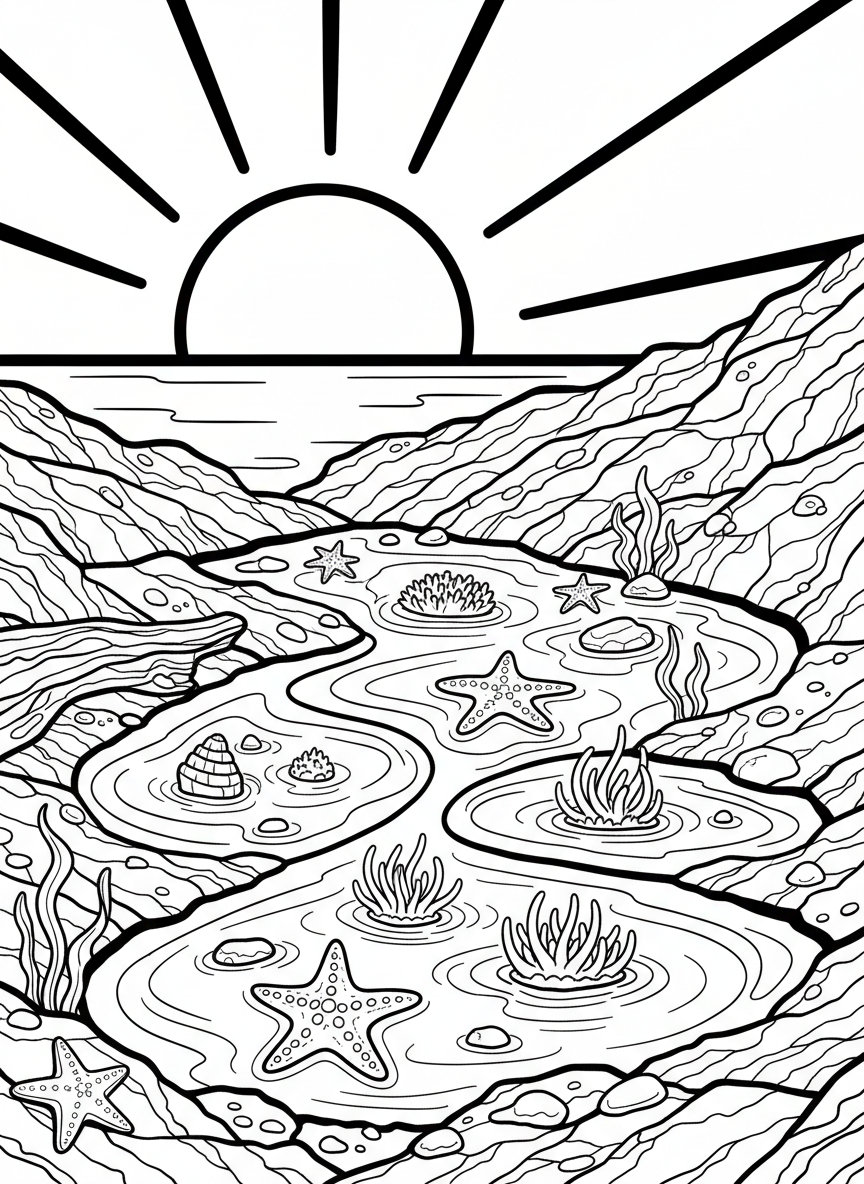 A tide pool at sunset with simple sun rays, rocks creating pools, and various creatures like starfish and anemones visible.