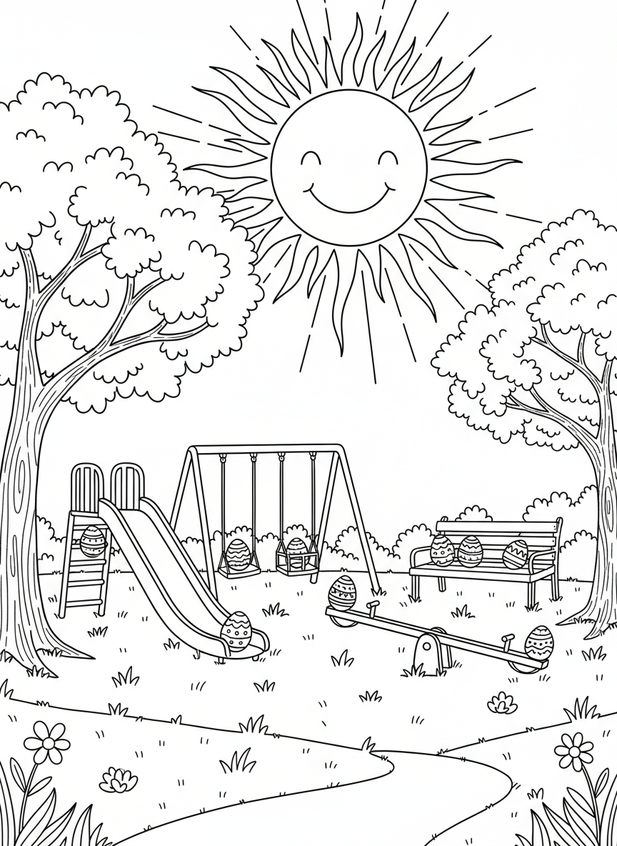 A smiling sun shining over a park scene with Easter eggs hidden on playground equipment and benches.