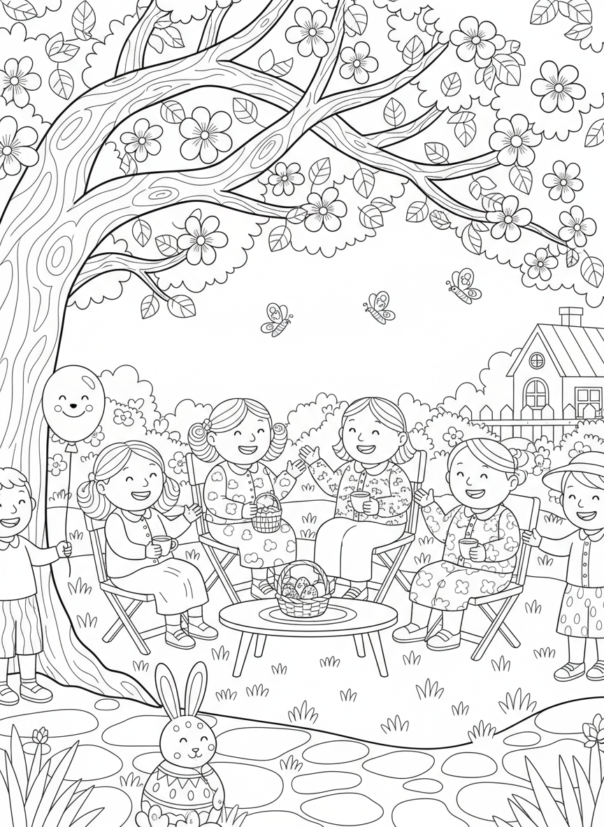 Easter coloring page prompts celebrating springtime, renewal, family gatherings, and seasonal joy.	An Easter gathering in a garden, chairs arranged beneath blooming branches as people chat and smile.