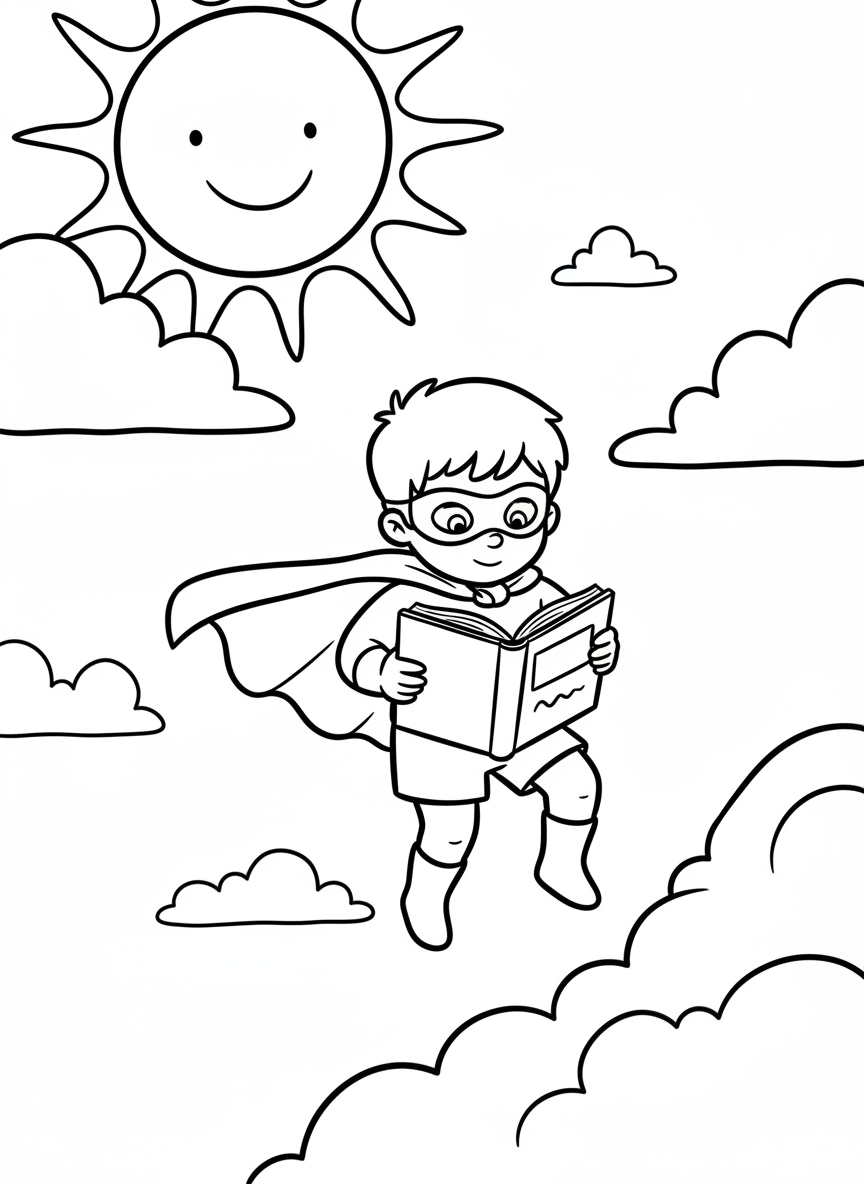 A child dressed as a superhero, flying through the sky while reading a book with clouds and sun in the background.
