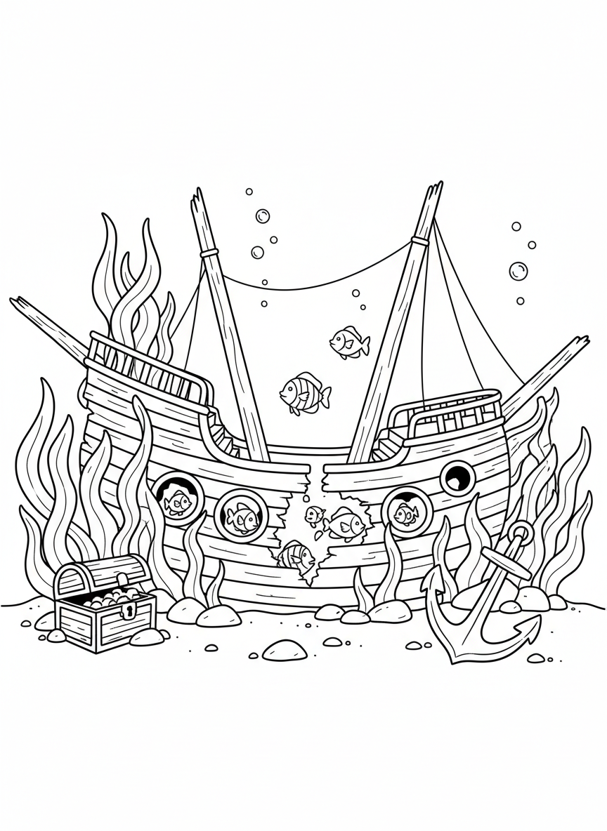 An aquarium scene showing a sunken pirate ship with fish swimming through the windows and seaweed growing around it