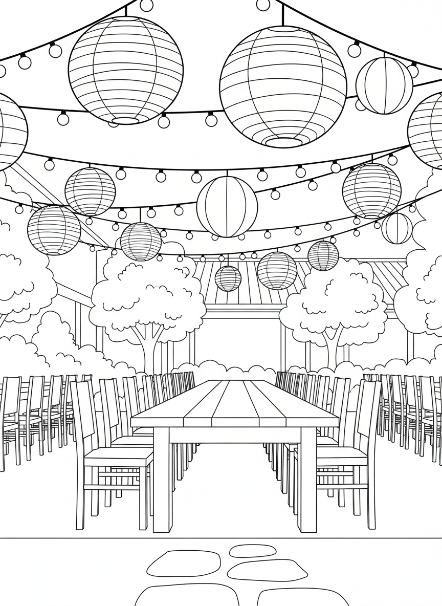 Paper lanterns and string lights hanging above an outdoor dining area with chairs and a long table.