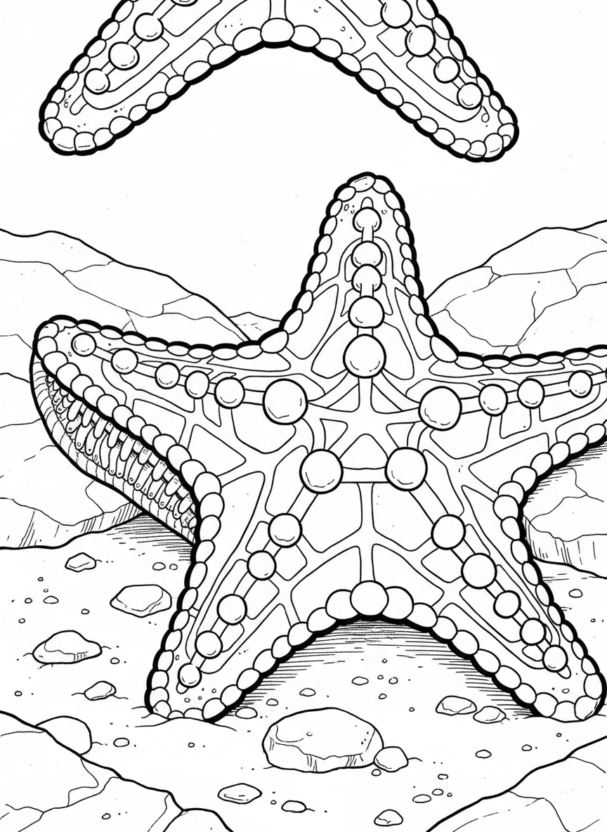 Close-up of a starfish's textured surface showing bumpy details and patterns, with one arm curling slightly upward, advanced detail level.