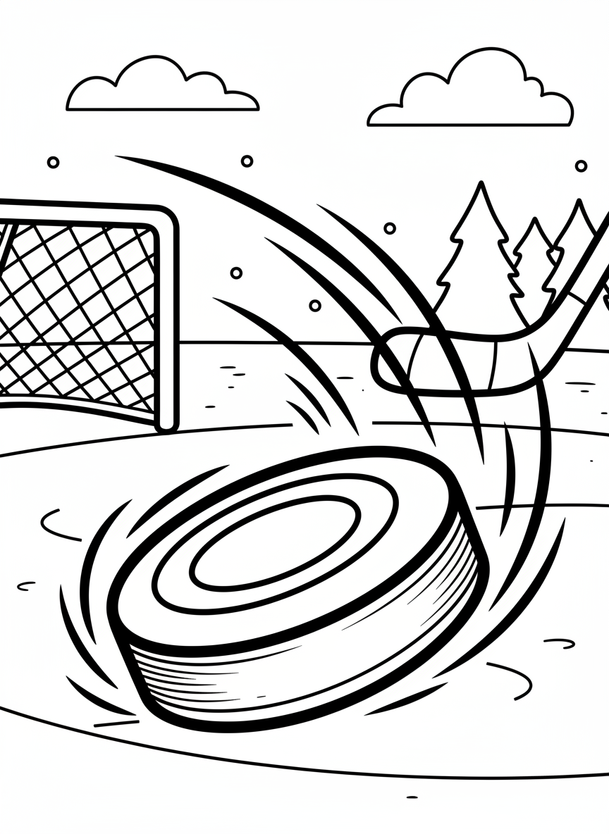 A hockey puck close-up with motion lines, simple design ideal for toddlers and preschoolers