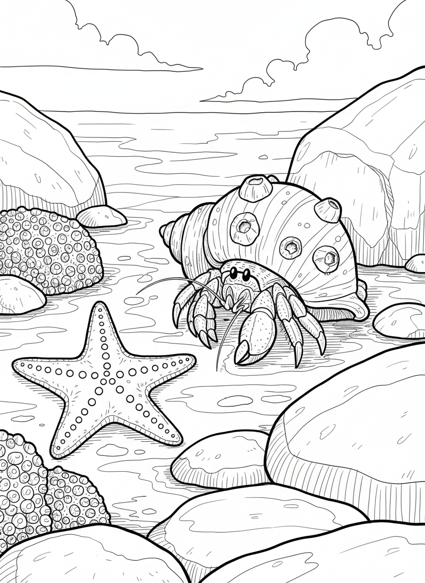 Close-up of a tiny hermit crab peeking out from a spiral shell, with barnacles and a starfish nearby in the tide pool.