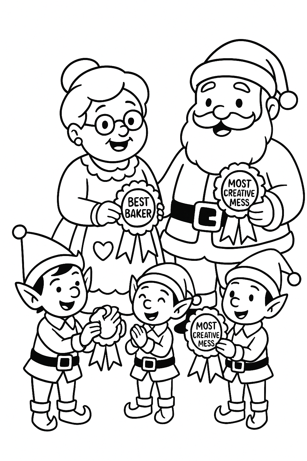 An awards ceremony where elves present a “Best Baker” ribbon to Mrs. Claus while Mr. Claus proudly holds a “Most Creative Mess” ribbon.