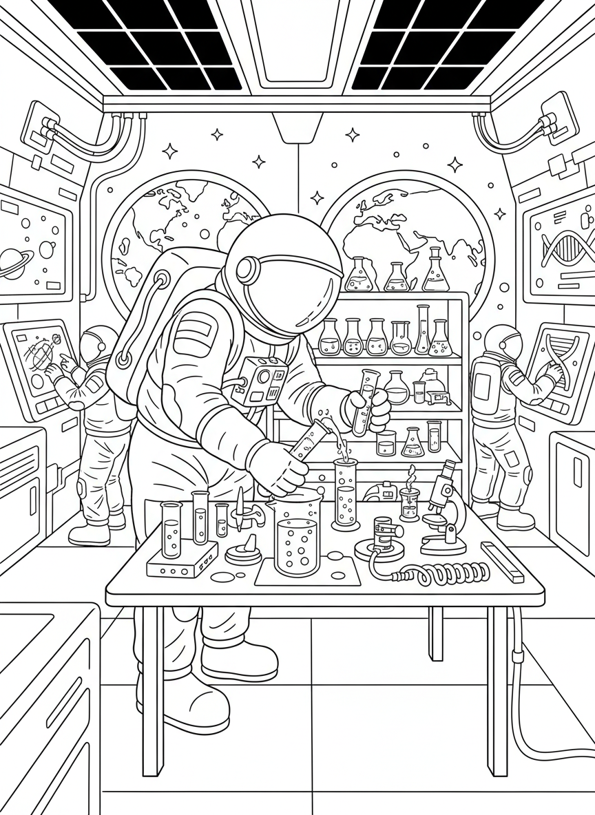 An astronaut conducting a science experiment with test tubes and equipment on a space station lab table, educational scene
