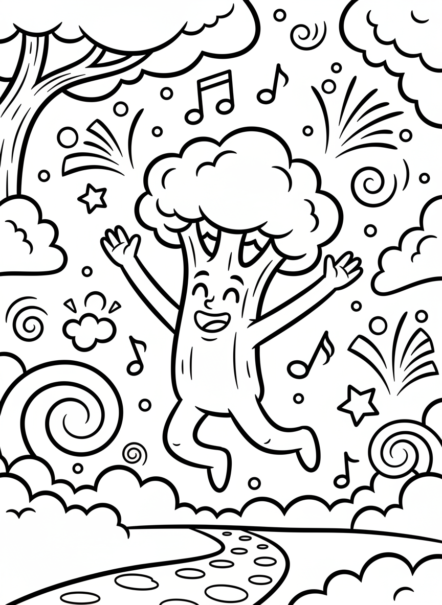 A happy broccoli character with arms and legs doing a jumping pose, fun and playful design with clear outlines