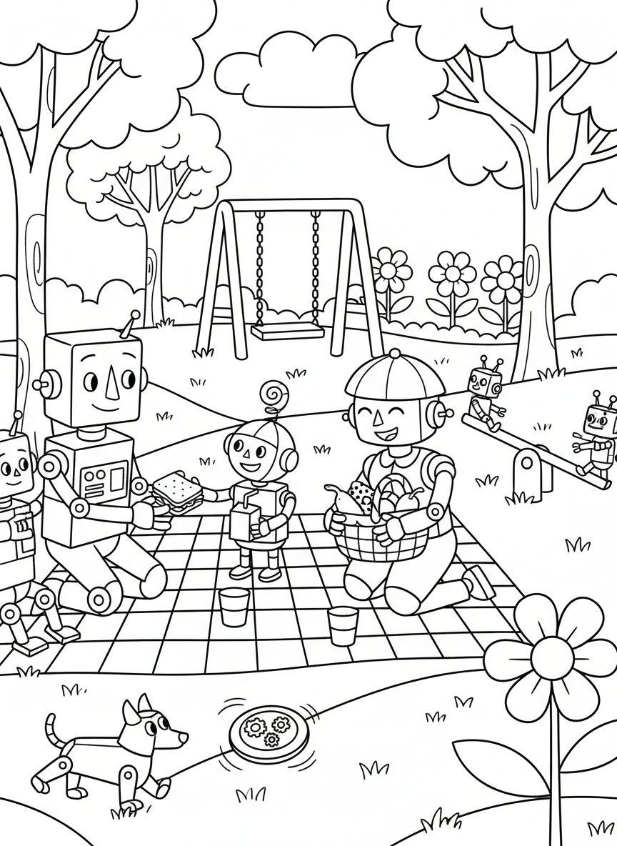 A family of robots enjoying a picnic in a park surrounded by flowers, trees, and playful outdoor activities.