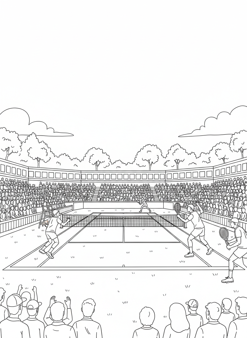 A wide view of a grass tennis court with players at opposite ends, stadium seating filled with spectators all around.