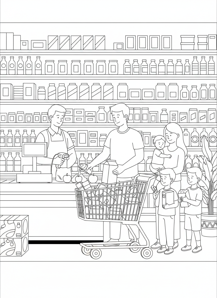 A grocery store cashier scanning items while a family unloads their cart, with shelves of products visible behind them.