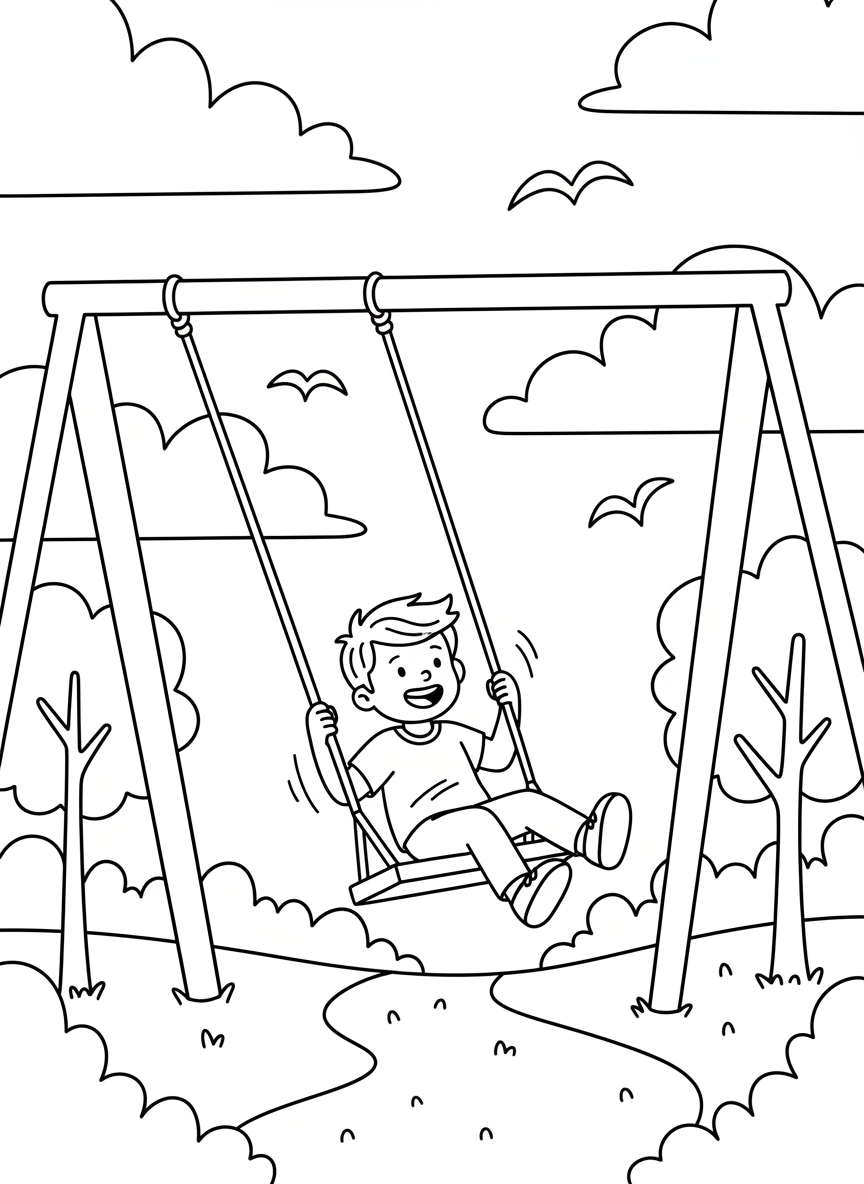 A happy child swinging high on a swing set with clouds and birds in the background, simple line art for coloring