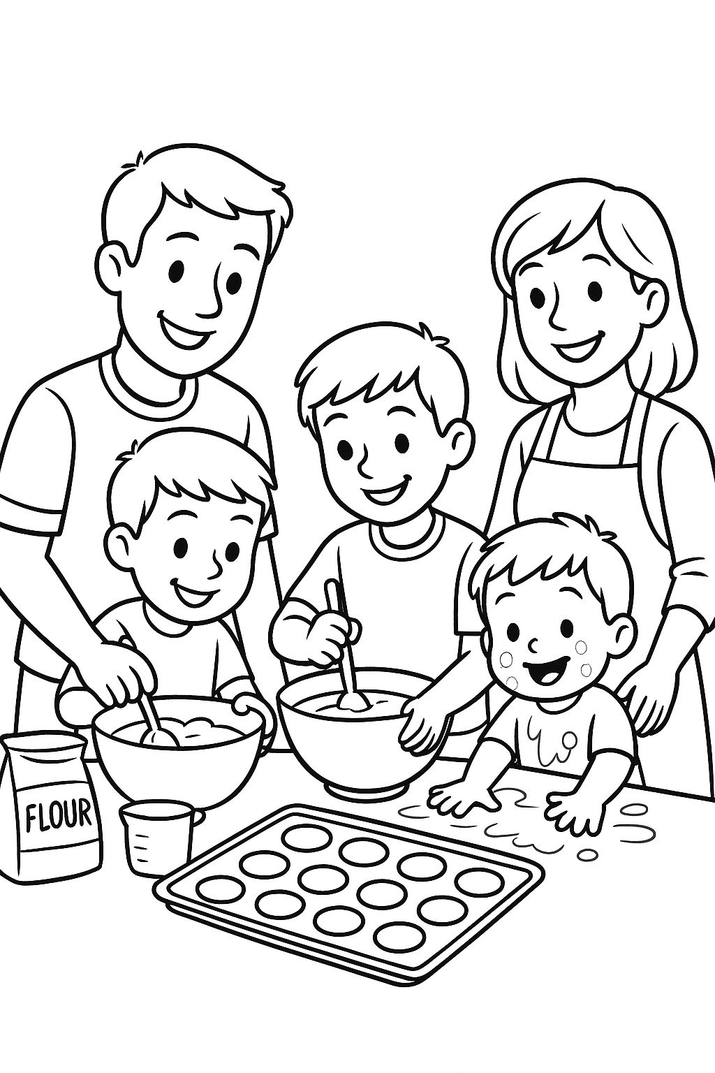 Mom and dad baking cookies with their three boys: the older boys stirring bowls and the baby boy making a cute mess with flour.