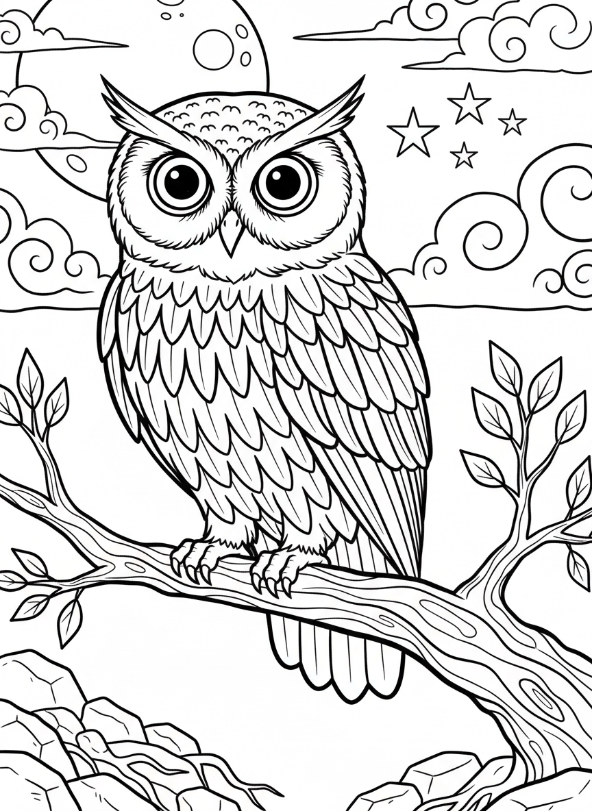 A wise owl perched on a branch with large eyes and detailed feathers, black and white line art