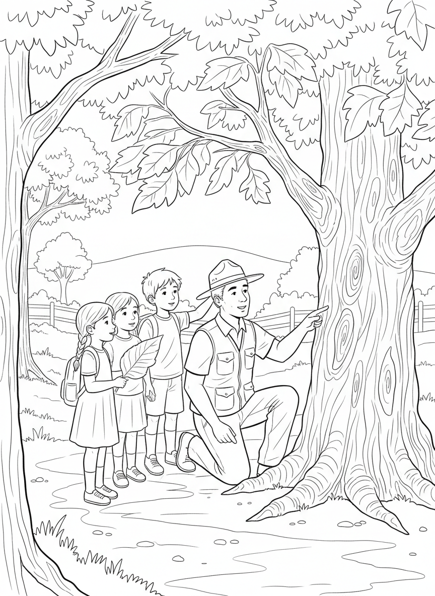A park ranger or adult teaching a group of children about trees, pointing to leaves and bark textures.