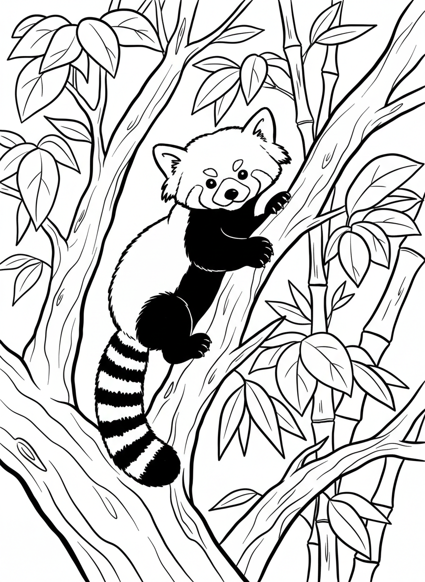A playful red panda climbing on tree branches at the Columbus Zoo, with leaves and bamboo surrounding it