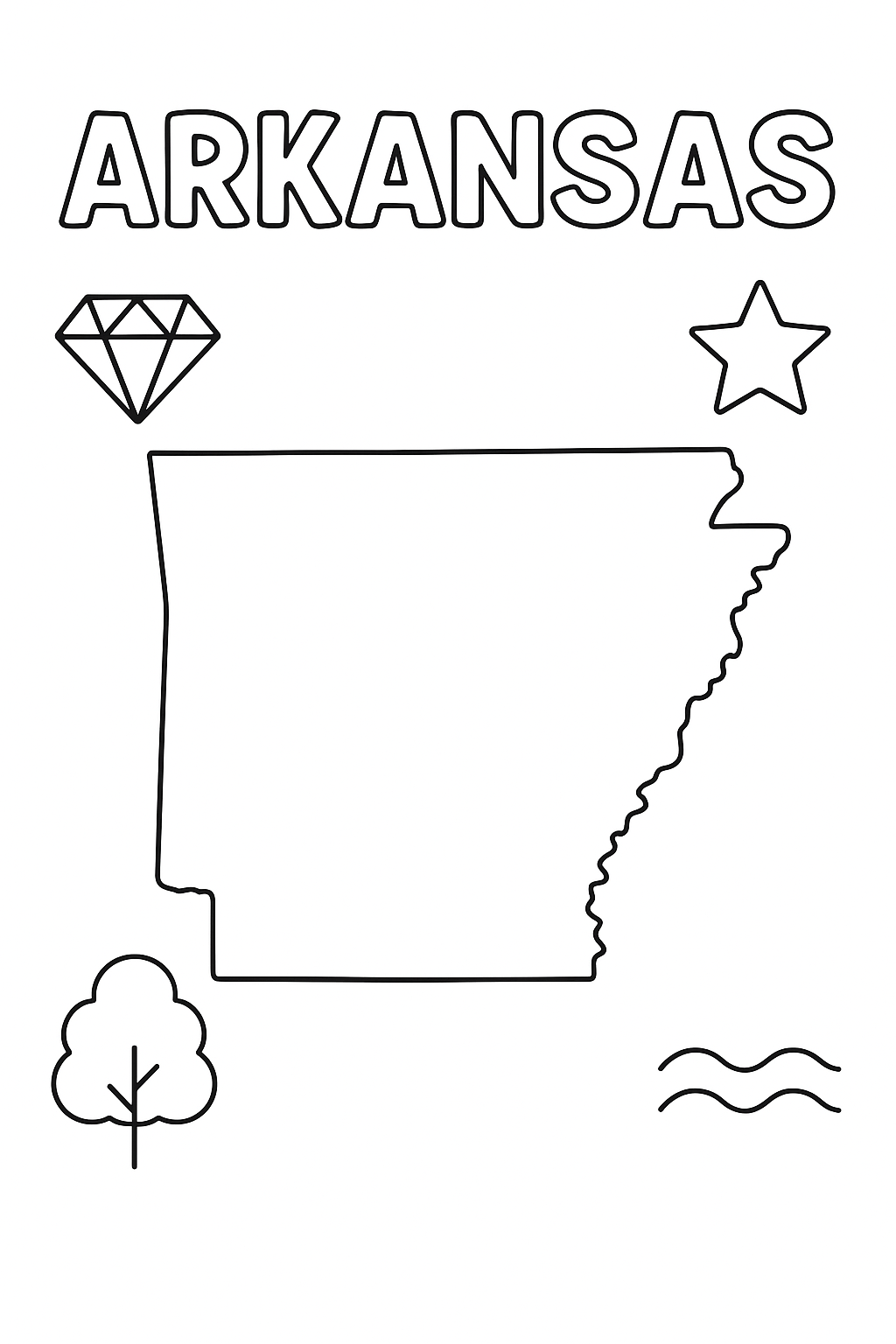 Arkansas Write “Arkansas” in outlined letters at the top. Create an outline of the state centered. Add one diamond, one tree, one river wave, and one star icon in corners only.