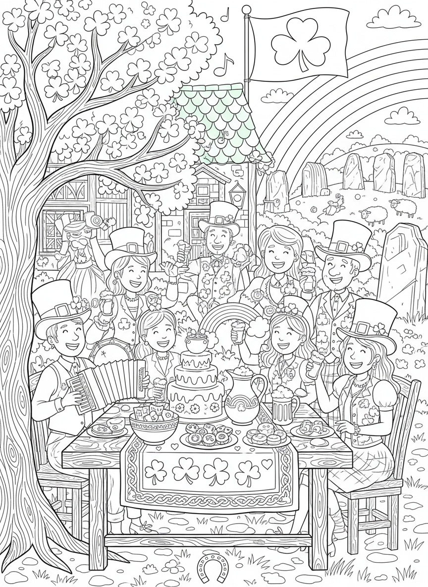 Saint Patricks Day coloring page prompts celebrating Irish-inspired traditions, green decorations, music, and festive community energy.	A festive table scene with themed treats and decorations, capturing the warmth and friendliness of the holiday.