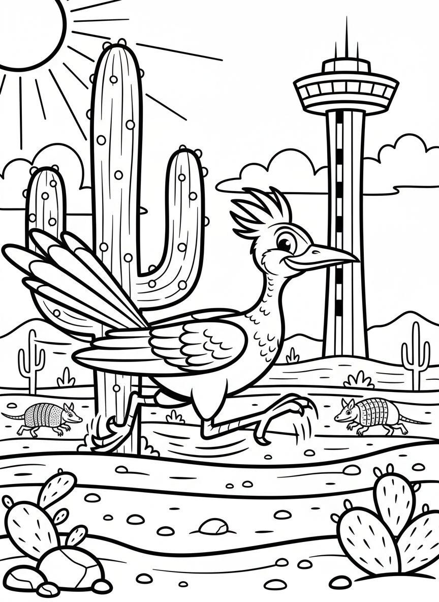 A friendly cartoon roadrunner bird running past a cactus with the Tower of the Americas visible in the distance, Texas wildlife theme.