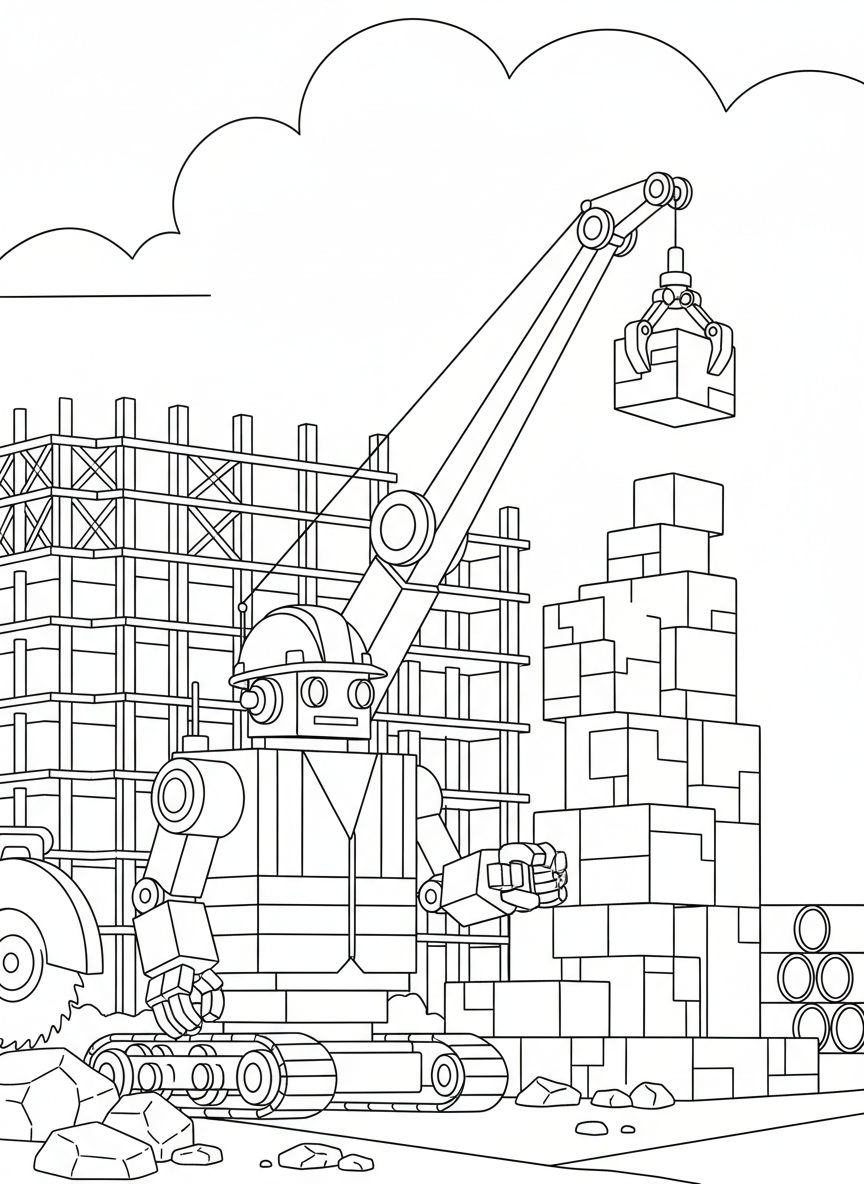 A construction robot with a crane arm building a tower of blocks, wearing a hard hat and safety vest at a building site.