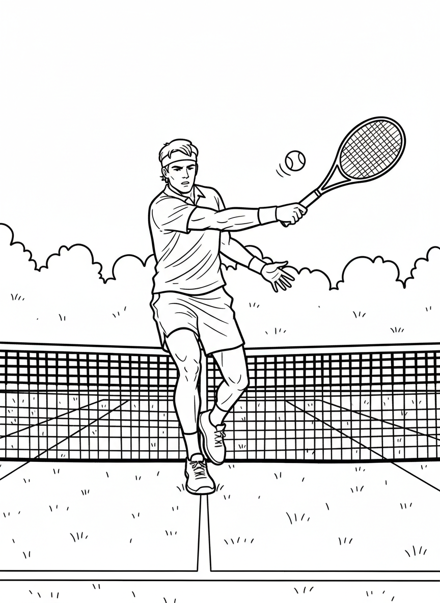 A tennis player mid-swing hitting a forehand, showing dynamic action pose with grass court and net visible.