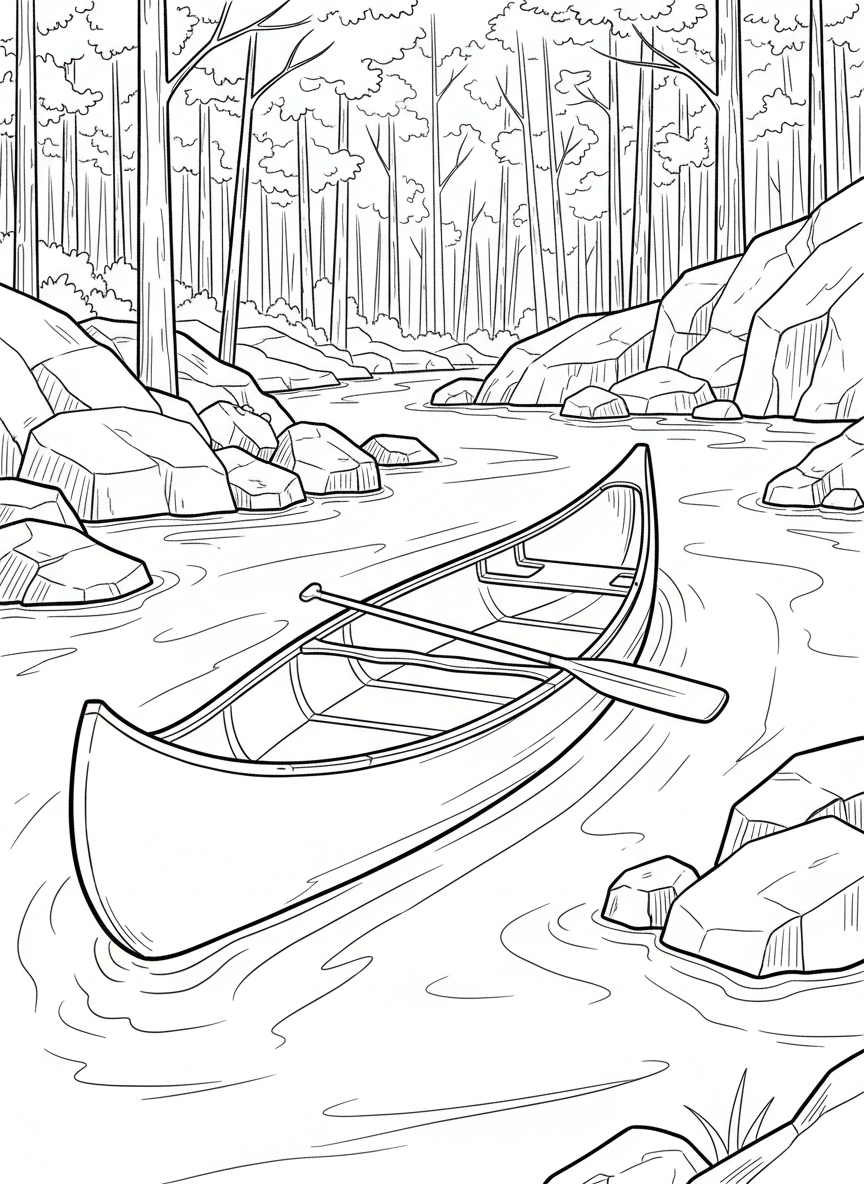 A canoe with two paddles inside, floating on a peaceful stream surrounded by forest trees and rocks.