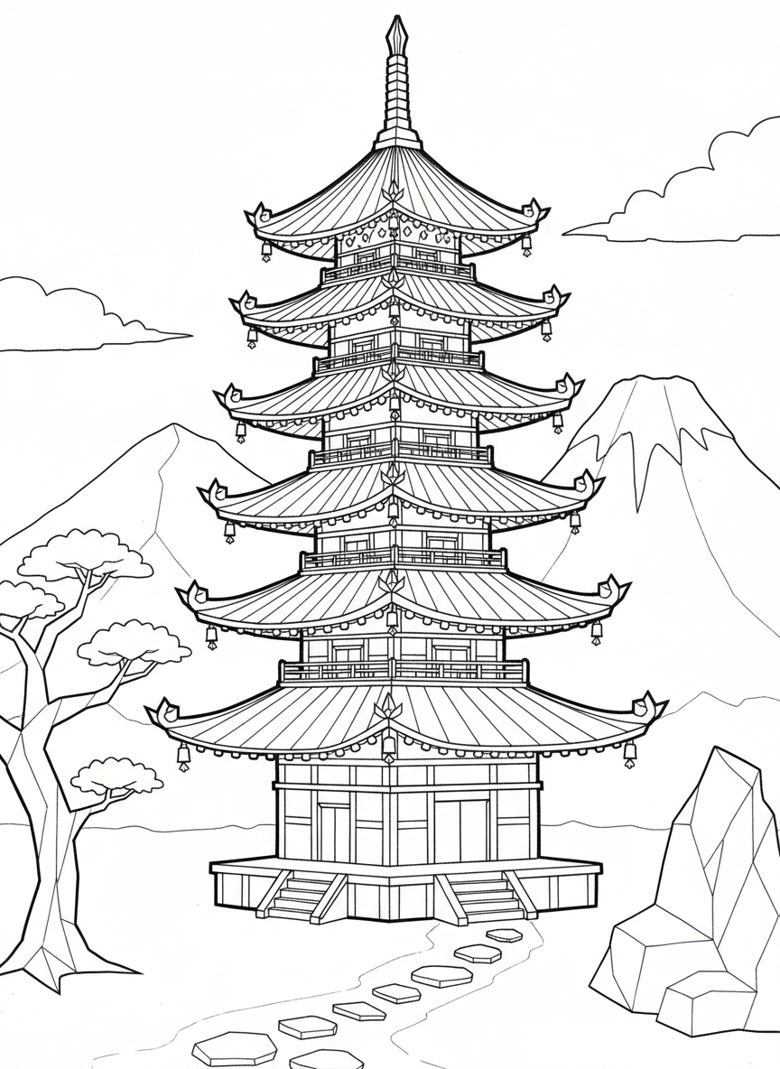 An origami Japanese pagoda with five tiers, each level smaller than the one below, featuring curved rooflines and decorative paper-fold details.