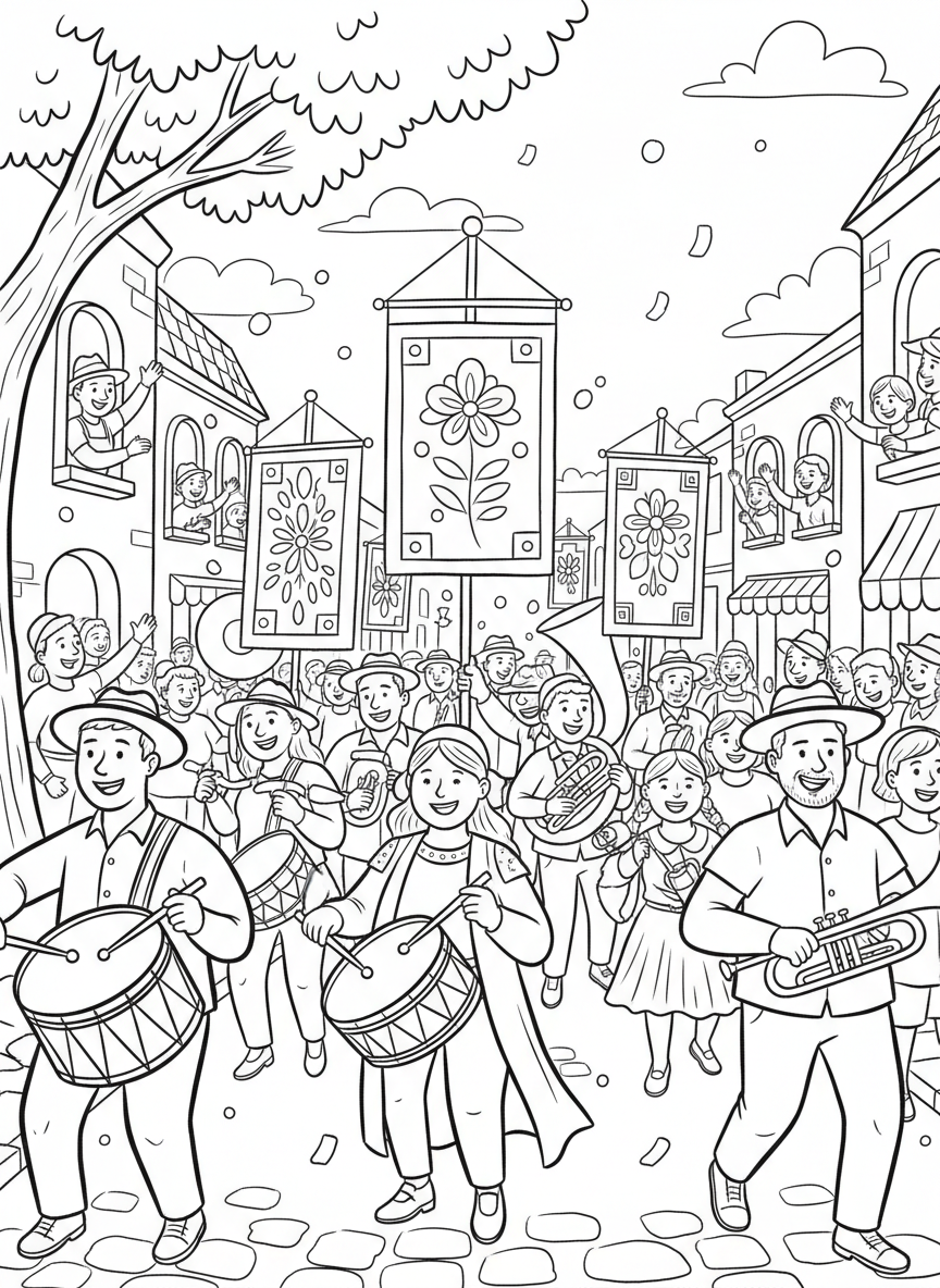A community parade scene with people marching joyfully, carrying banners and musical instruments like drums and trumpets, wide view