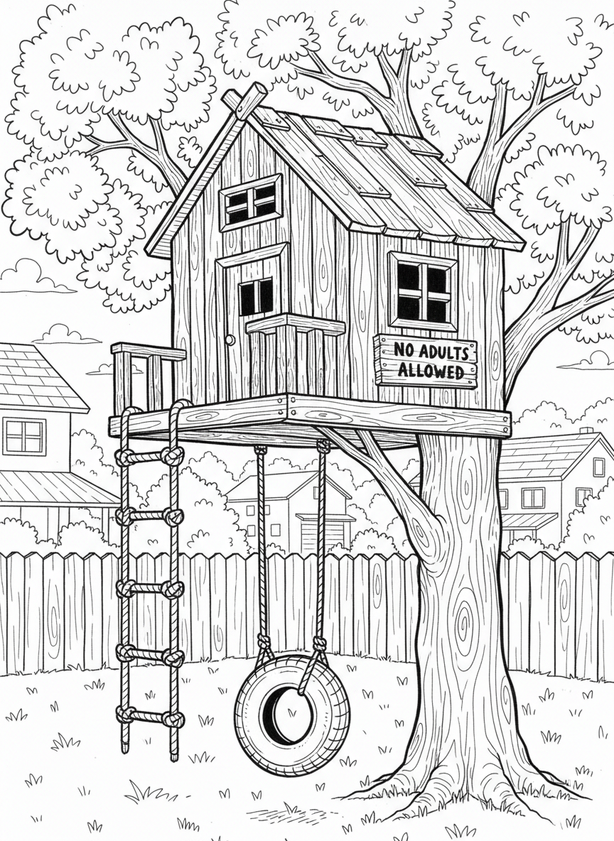 A simple backyard treehouse with a tire swing, wooden planks, a rope ladder, and a 'No Adults Allowed' sign, built in a friendly neighborhood tree.