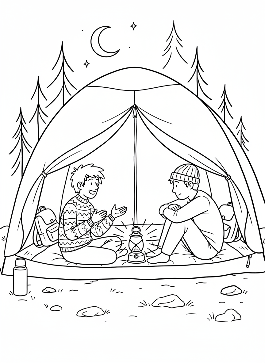 Two friends sharing stories inside a cozy tent at night, with sleeping bags and a lantern glowing between them.