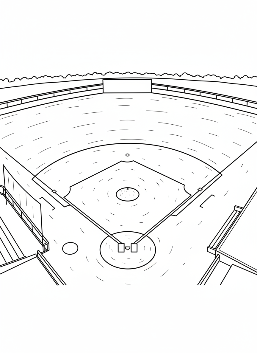 A baseball diamond viewed from above showing all four bases, pitcher's mound, and outfield grass with simple line patterns.