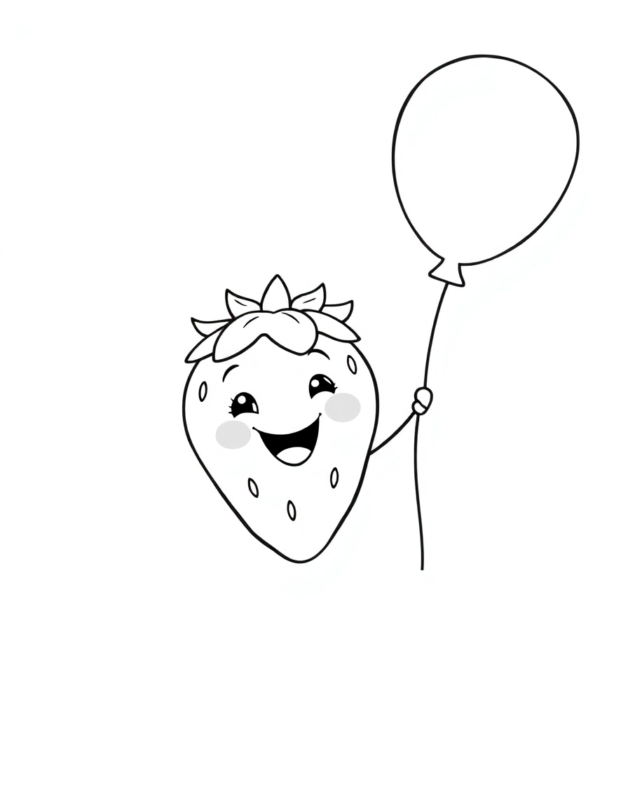 A happy strawberry holding a balloon.