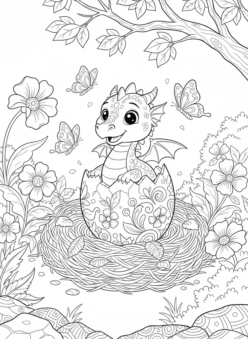 A friendly baby dragon hatching from a large decorated egg in a nest surrounded by flowers and curious butterflies.