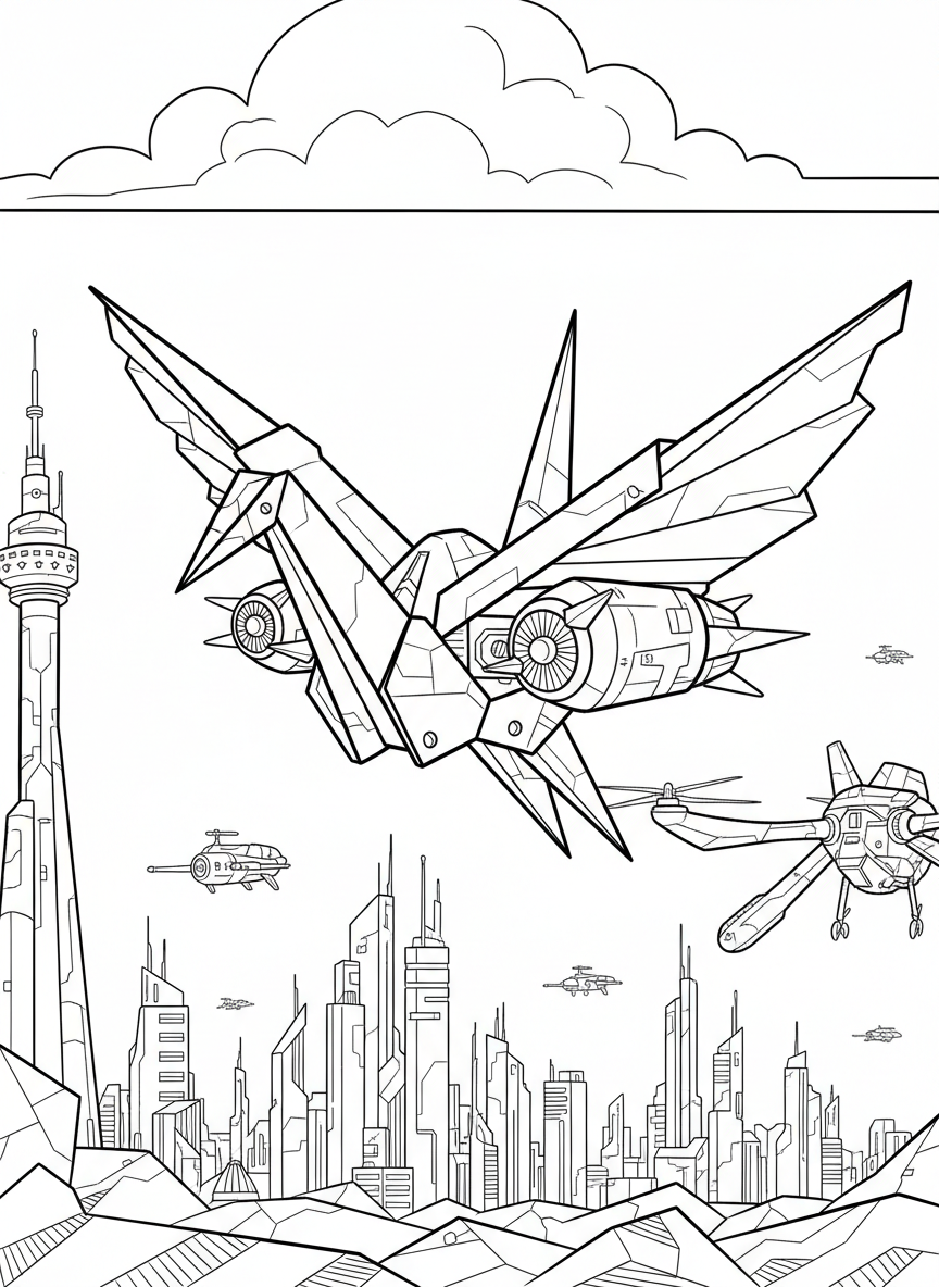An origami crane transformed into a flying robot with geometric jet engines on its wings and angular tail feathers