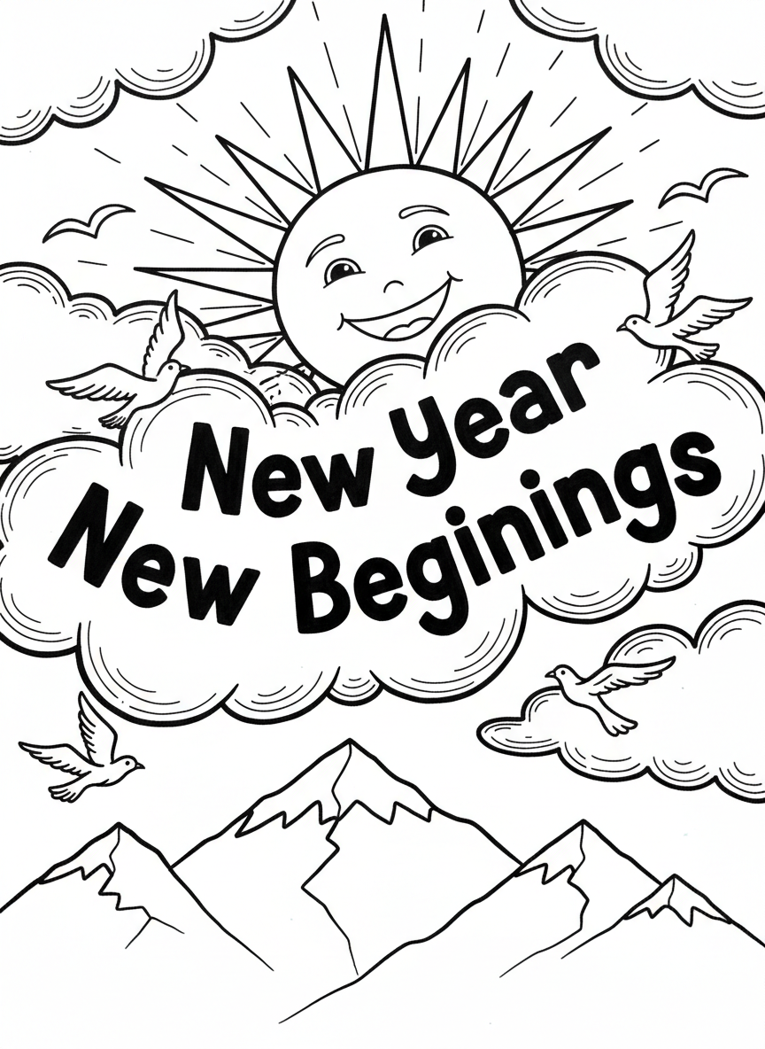 A smiling sun rising over mountains with 'New Year New Beginnings' written in the sky with clouds and birds