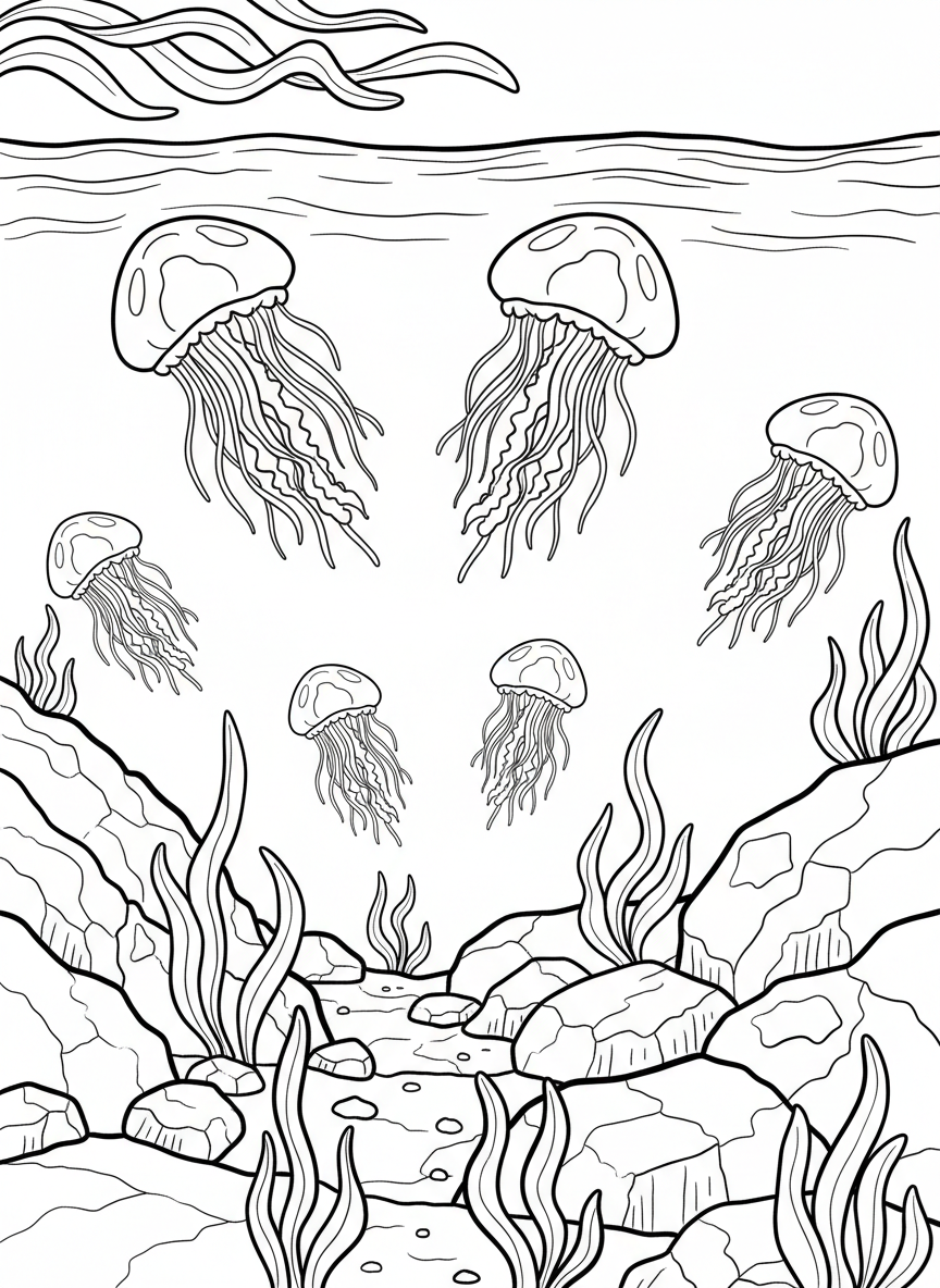 Wide tide pool scene showing five jellyfish at different depths, some near the surface and others near the bottom, with rocks and sea plants throughout.